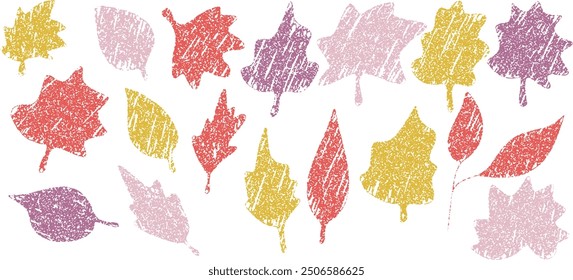 A textured autumn leaves illustration with a vintage feel, featuring vibrant, warm colors. Perfect for seasonal, nature-inspired, or retro-themed designs. Vector illustration