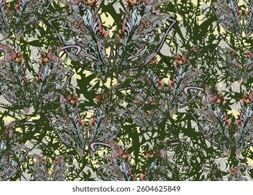 Textured backdrop with butterfly and plant elements for covers or fabrics. Exotic chaotic motifs for fashion trends, business concepts, textiles, interiors, tiles, prints, dynamic posters, etc. Vector