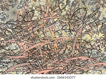 Textured backdrop with lines and floral elements for textiles or covers. Colorful autumn motifs for fashion trends, business concepts, fabrics, interior solutions, tiles, prints, wallpaper, posters