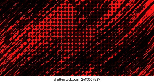 Textured background of black grunge brush strokes and mixed dots on a red background