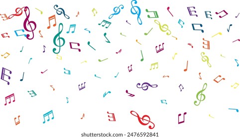 Textured background from flying music notes. Vector decoration element in rainbow colors.