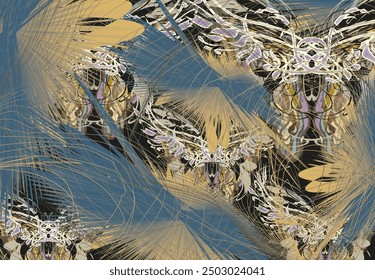 Textured background with linear and butterfly wings motifs for textiles or fabrics. Camouflage tropical backdrop in golden-blue tonality for fashion trends, business concepts, tiles, prints, interiors
