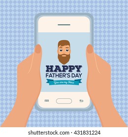 Textured background with a pair of hands holding a cellphone with a dad icon