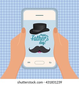 Textured background with a pair of hands holding a cellphone with a mustache and a hat icon