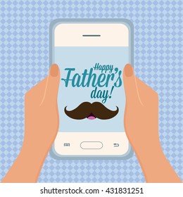 Textured background with a pair of hands holding a cellphone with a mustache icon
