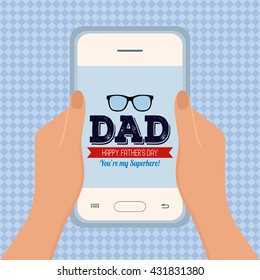 Textured background with a pair of hands holding a cellphone with text and a glasses icon