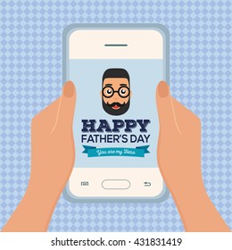 Textured background with a pair of hands holding a cellphone with a dad icon