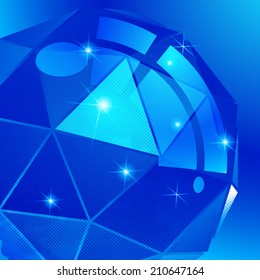 Textured background with plastic deformed flash object, dimensional backdrop with pixilated figure created from geometric figures.