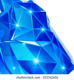 Textured background with plastic deformed flash object, three-dimensional backdrop with pixilated figure created from geometric figures.