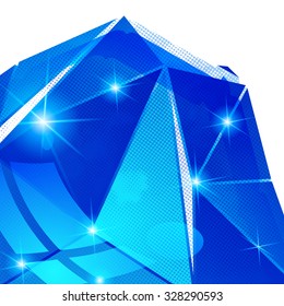 Textured background with plastic deformed flash object, three-dimensional backdrop with pixilated figure created from geometric figures.