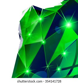 Textured background with plastic deformed flash model, dimensional backdrop with pixilated figure created from geometric elements.