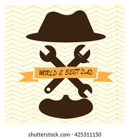 Textured background with a ribbon with text, a hat, a beard and a pair of wrenches 