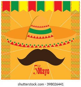 Textured background with text, a traditional hat and a mustache. Cinco de Mayo background.
