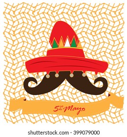 Textured background with a traditional hat, a mustache and a ribbon with text