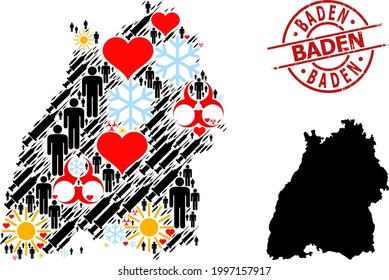 Textured Baden stamp, and sunny patients vaccine mosaic map of Baden-Wurttemberg State. Red round stamp seal contains Baden tag inside circle. Map of Baden-Wurttemberg State mosaic is made of snow,