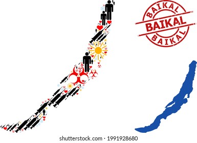 Texturierte Baikal Stempel Siegel, und Frühjahrs-Mann-Impfstoff-Mosaik Karte von Baikal. Rotes rundes Siegel enthält Baikal-Titel im Kreis. Die Karte des Baikal-Mosaiks wird aus Frost, Sonne, Gesundheitswesen, Mann, Spritze,