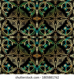 Patrón barroco de textura sin costuras florales. Fondo del vector del tapiz. Recortar el fondo de repetición. Ornamentos de Damasco vintage de bordado. Flores, hojas, líneas bordadas de colores. Decoración de lujo.