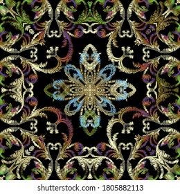 Textured Baroque floral seamless pattern. Tapestry vector background. Grunge repeat backdrop. Embroidery vintage Damask ornaments. Colorful embroidered flowers, leaves, lines. Luxury ornate design.