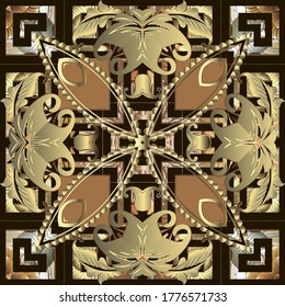 Estilo barroco texturizado 3 d patrón impecable. Fondo geométrico abstracto moderno. Fondo vector fundamental. Ornamento étnico tribal ondulado con flores de paisley vintage, hojas, líneas, marcos, formas.