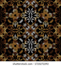 Textured Baroque vector seamless pattern. Colorful floral embroidery background. Tapestry ornament. Stitching damask flowers, leaves, zigzag lines. Grunge gold baroque ornaments. Embroidered texture.