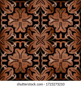 Textured Baroque vector seamless pattern. Colorful floral embroidery background. Tapestry ornament. Stitching damask flowers, leaves, zigzag lines. Grunge old style ornaments. Embroidered texture.