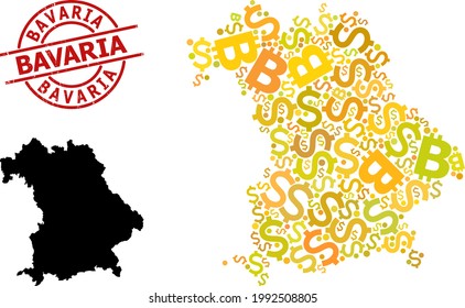 Textured Bavaria seal, and money mosaic map of Bavaria State. Red round stamp seal contains Bavaria caption inside circle. Map of Bavaria State mosaic is organized of investment, dollar,
