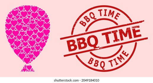 Textured BBQ Time stamp seal, and pink love heart collage for celebration balloon. Red round stamp seal has BBQ Time title inside circle.