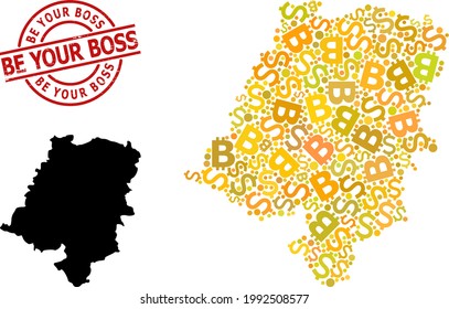 Sello de sello Be Your Boss, y mapa de mosaicos financieros de la provincia de Opole. El sello rojo redondo contiene el texto de Be Your Boss dentro del círculo. Mapa del mosaico de la provincia de Opole creado con inversión,