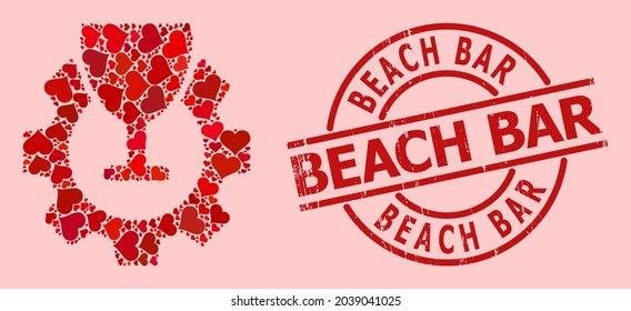 Textured Beach Bar stamp seal, and red love heart collage for wine industry. Red round stamp seal includes Beach Bar text inside circle. Wine industry collage is constructed with red amour symbols.