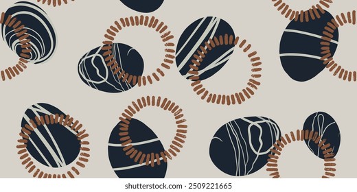 Textured beach pebbles seamless pattern. Beautiful sea stones and round. Vector shabby hand drawn illustration
