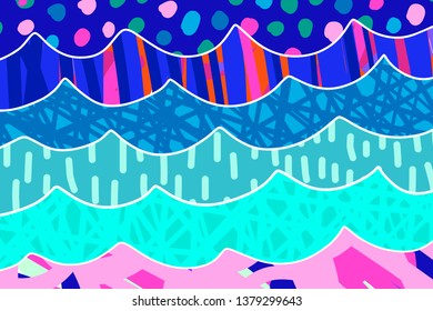 Textured beautiful blue and pink background hand drawn. Waves and water cartoon style
