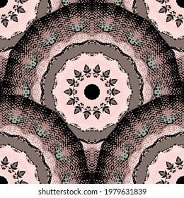 Texturierte schöne mandalas nahtlose Muster. Farbiger, grundiger, ornamentierter Vektorhintergrund. Wiederholter Hintergrund. Blumenziegel. Reiche Blumen, Kreise, Formen. Modernes Design. Textur.
