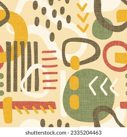 TEXTURED BEIGE YELLOW VECTOR SEAMLESS BACKGROUND WITH MULTICOLORED ABSTRACT ELEMENTS