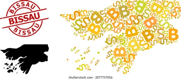 Sello de Bissau texturizado, y mapa de mosaico monetario de Guinea-Bissau. El sello rojo redondo tiene texto de Bissau dentro del círculo. Mapa del mosaico de Guinea-Bissau está hecho de moneda, financiamiento, cosas buenas de bitcoin.