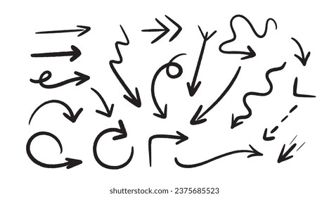 Textured black arrows in different directions with sketchy design, isolated vector illustrations, 