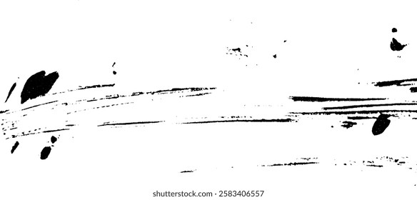 A textured black brush stroke on a white background, featuring varying thickness and splatters, creating an artistic and dynamic effect.