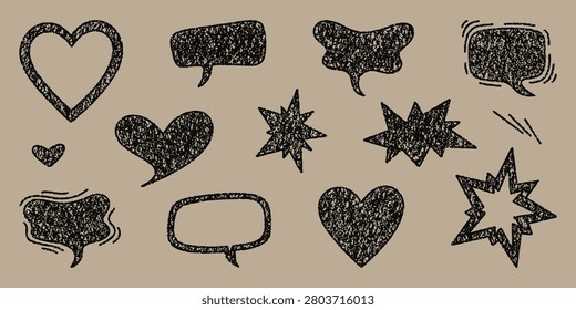 Textured black crayon doodles of hearts speech bubbles and starbursts on kraft paper background. Perfect for scrapbook designs social media stickers ui elements and playful children illustrations.