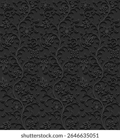 Um padrão floral preto texturizado com vinhas e flores intrincadas, adequado para fundos ou fins decorativos.
