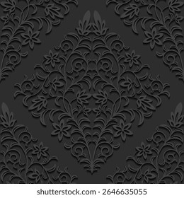 A textured black floral pattern featuring intricate designs of flowers and leaves, ideal for backgrounds or decorative purposes.