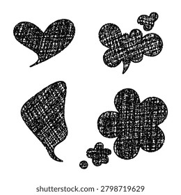 Textured black hearts clouds and flower shapes with crayon scribble effect. Unique hand drawn monochrome comic elements featuring irregular organic forms and grainy fill.