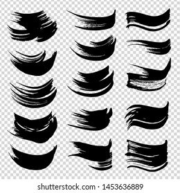 Textured black ink brushstrokes set isolated on imitation transparent background