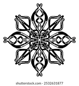 Textured black symmetrical element in linocut style. vector element