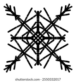 Textured black symmetrical element in linocut style. vector element