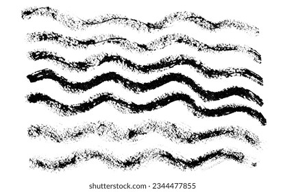 Juego de trazo de pincel vectorial ondulado negro texturizado. Resumen textura de líneas onduladas monocromáticas para diseño de pincel, fondo, decoración de banners