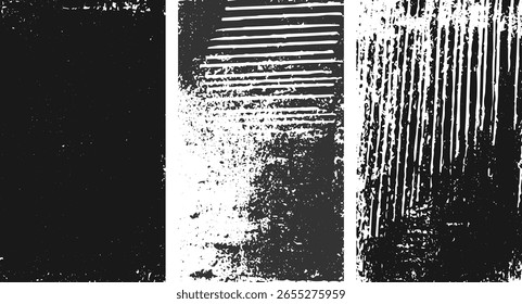 Fondo abstracto texturizado en blanco y negro con Elementos lineales angustiados y fragmentos dispersos.