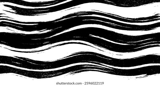 A textured black and white abstract pattern featuring wavy brush strokes. The design creates a dynamic and artistic feel, suitable for backgrounds or creative projects.