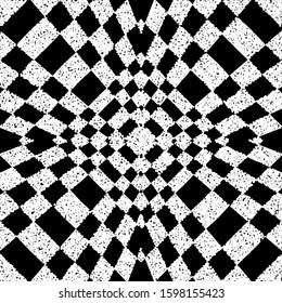 Textured black and white geometric vector seamless pattern. Grunge stippled checkered background with optical illusion effect. Modern repeat abstract backdrop. Elegant trendy ornate dotted design.