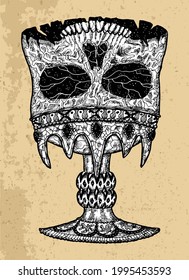 Textured black and white scary illustration of vector skull as an old chalice or cup. Mystic isolated drawing for Halloween with esoteric, gothic, occult concept