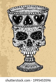 Textured black and white scary illustration of vector skull with decorated old cup. Mystic isolated drawing for Halloween with esoteric, gothic, occult concept