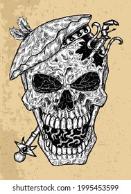 Textured black and white scary illustration of vector skull wearing medieval hat with wand. Mystic isolated drawing for Halloween with esoteric, gothic, occult concept